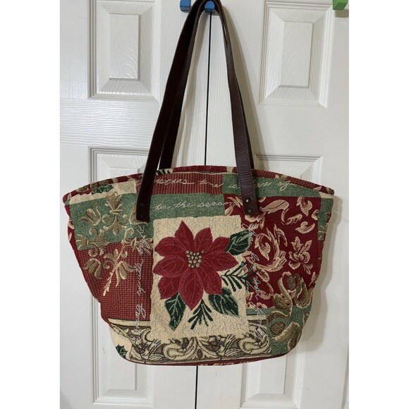 Y2K Holiday Tapestry Tote Bag/Purse Red Green Beige Floral Holiday  Tropical - Picture 1 of 4